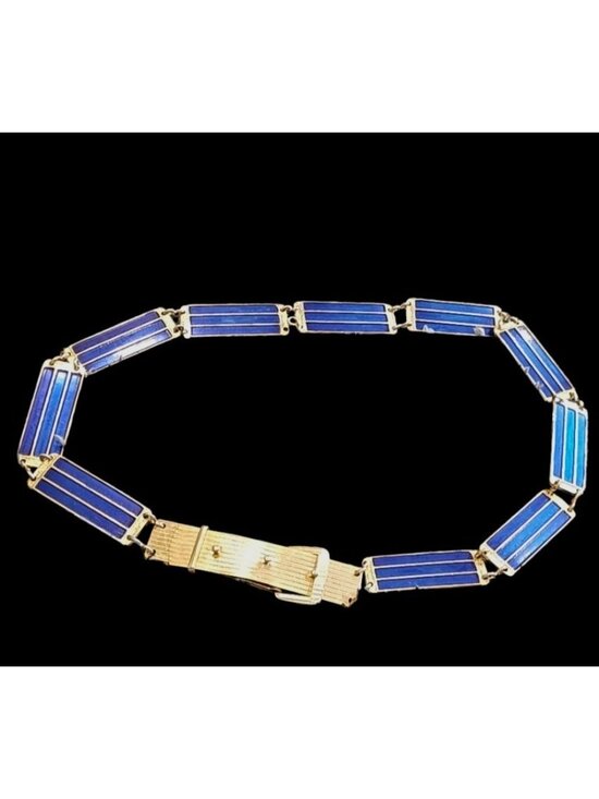 1930s Art Deco Gold Blue Enameled Link Waist Belt Gold Plated Vermeil Sz M 33-35 main image 9